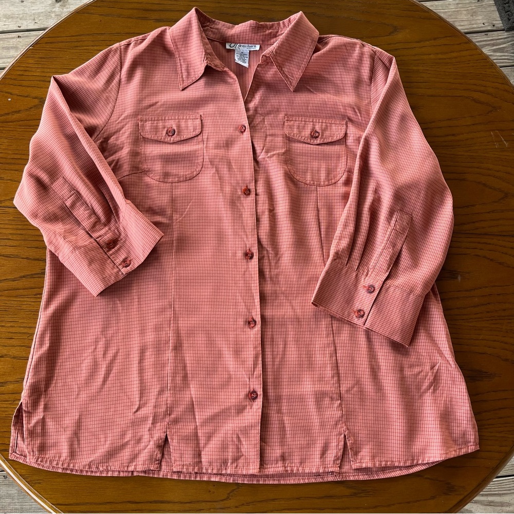 dressbarn woman Peach Plaid Long Sleeve Buttons Down Top